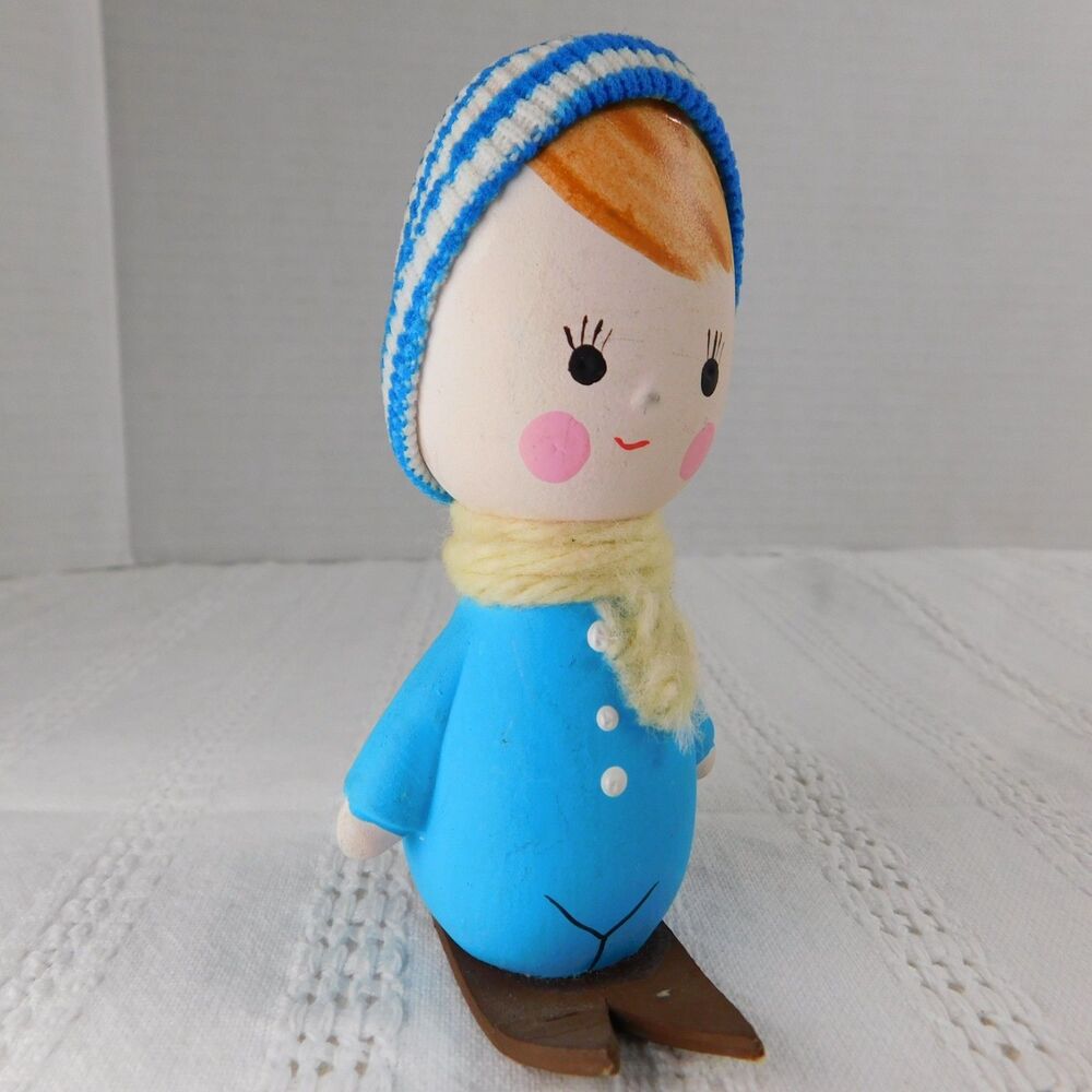 WOLIN Japan Boy Ski's Winter Wooden Figurine Christmas Hand Painted Blue Vintage
